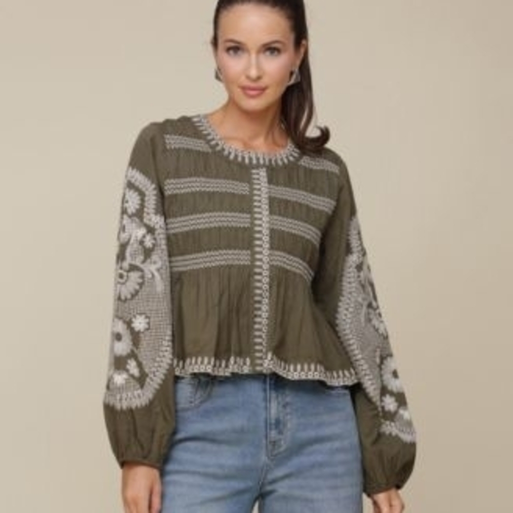AVEC LES FILLES L Olive Embroidered Peasant Blouse - Women Tops